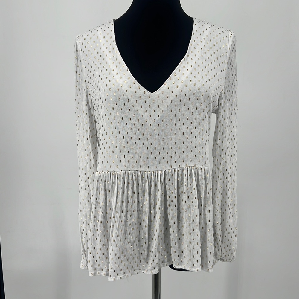 White V-neck Long Sleeve Blouse with Embossed Gold Print Women's size Small